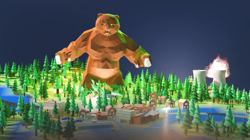 Animated low poly bear destroying a town beside a nuclear reactor, featuring colorful and dynamic game art.