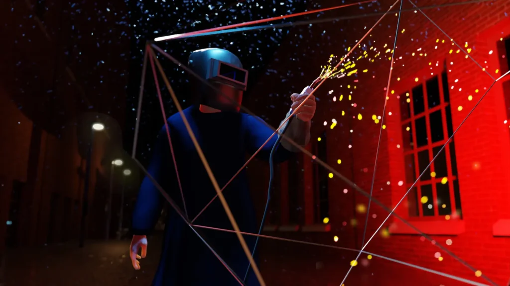 3D animation of a figure welding in a stylized night scene, showcasing sparks and a dramatic atmosphere.