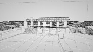 Still from a 3D animation of the Parteen Weir in Ireland, showcasing a detailed wireframe model of the structure.